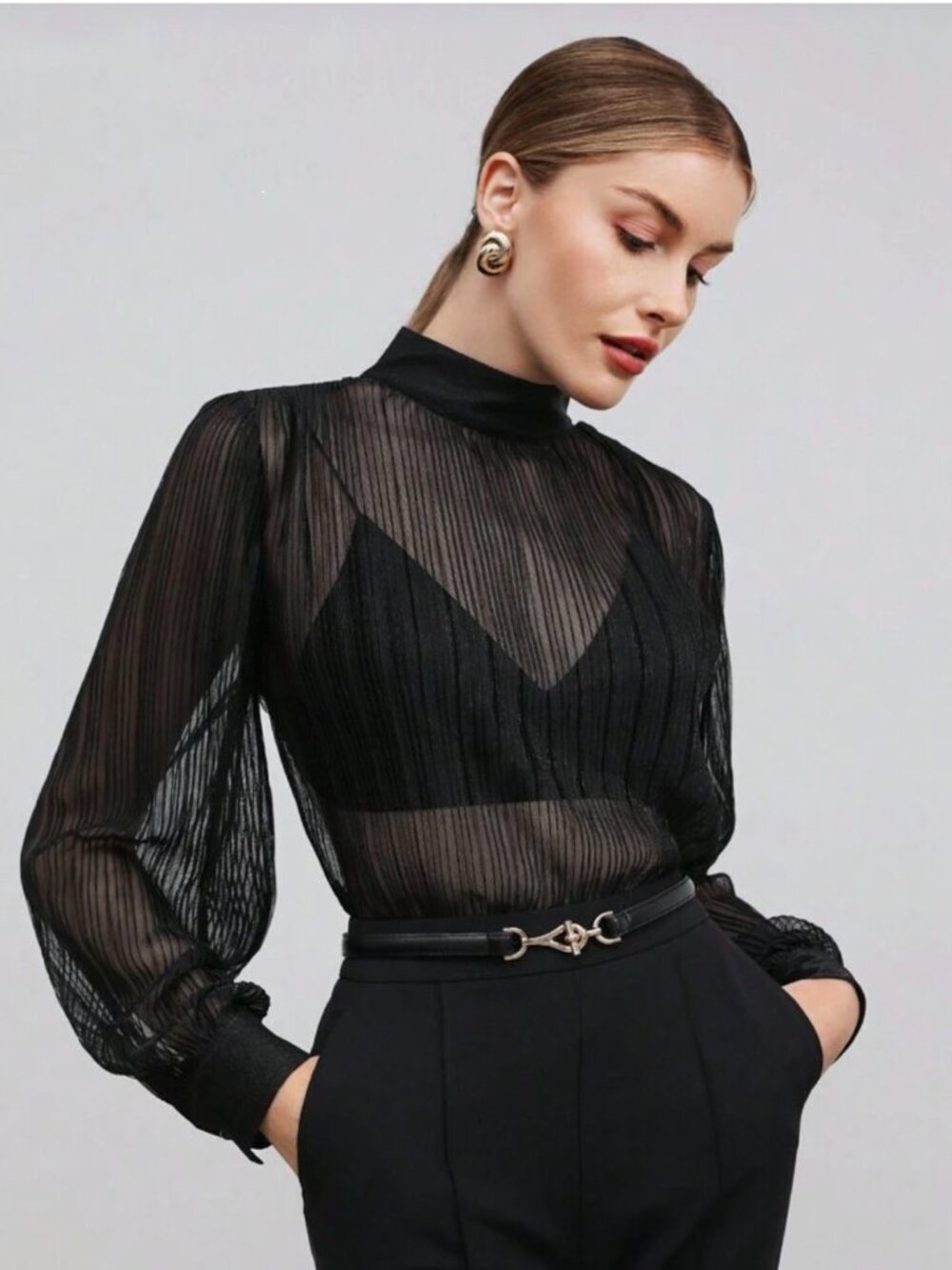 Sheer Black and Metallic Silver Pinstriped Blouse - Corporate Goth, Minimalist - Picture 6 of 8